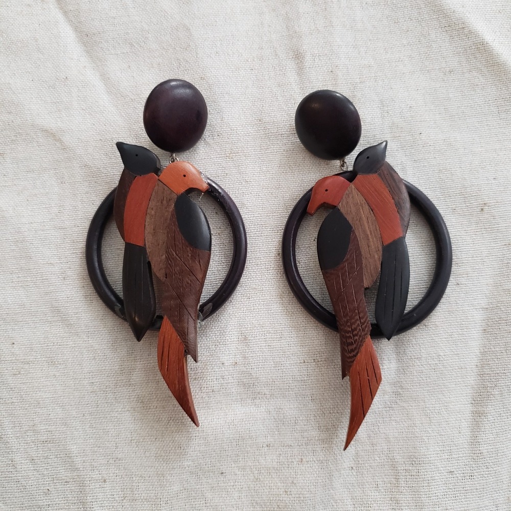 Vintage Multi-Wood Inlaid Birds In Hoop Post Earrings Boho Statement Marquetry